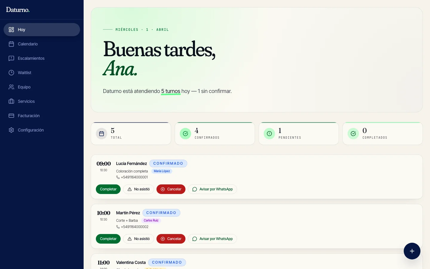 Panel de Daturno con turnos y actividad del asistente de WhatsApp.